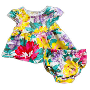 Baby Gap Pink Yellow Floral Linen Blend Dress with Bloomers Size 6-12 months